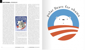 My "Vote for the Polar Bears" Poster design shown on the left page of the Design for Obama book.